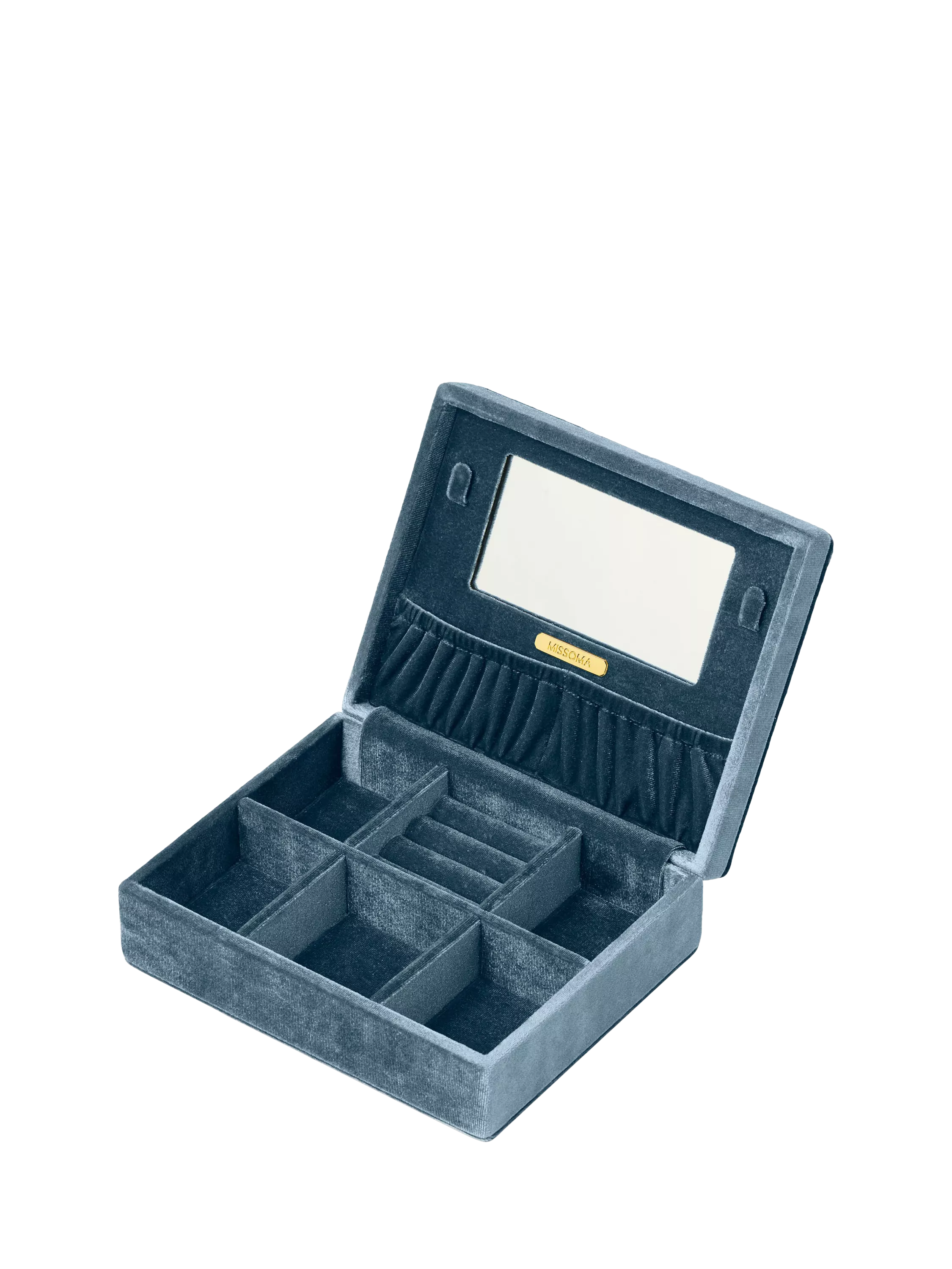 Missoma velvet jewellery box with compartments and mirror, UK version