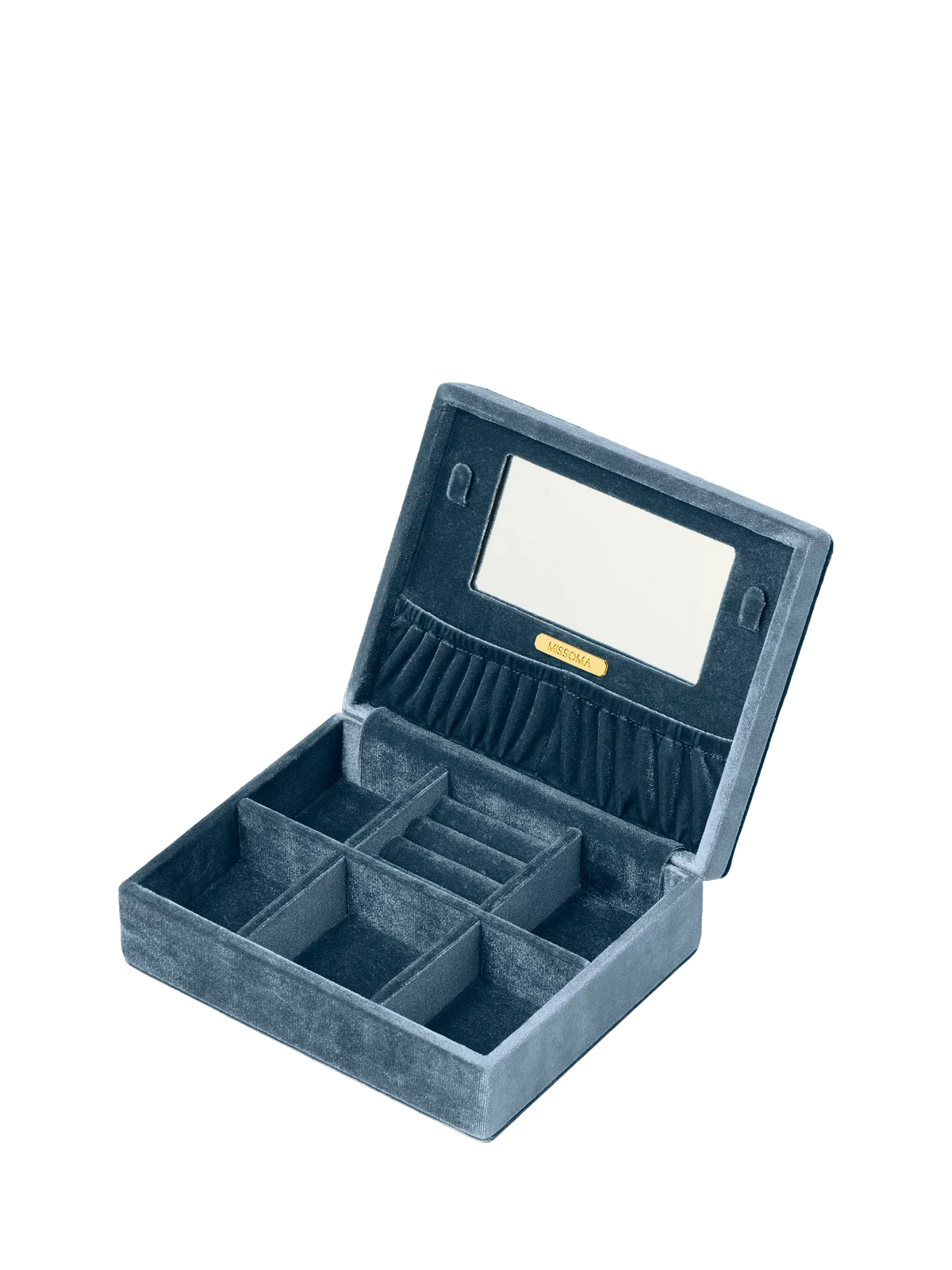 Missoma velvet jewellery box with compartments and mirror, UK version