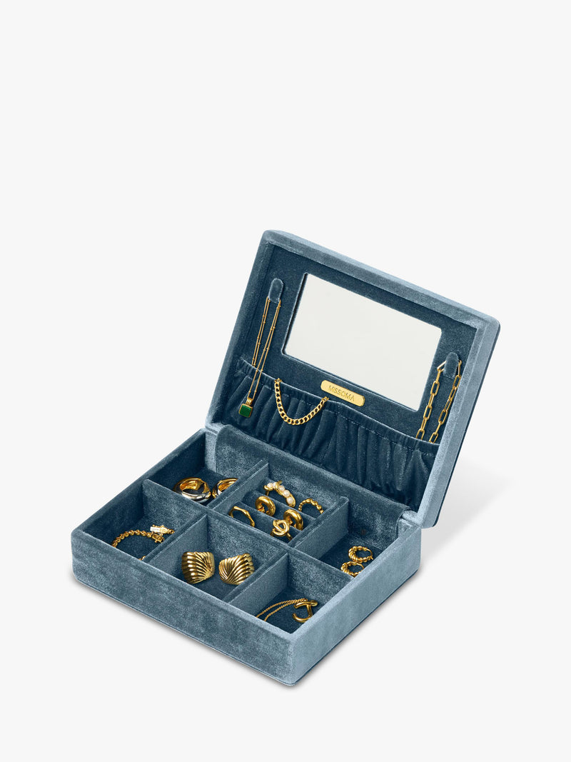 Missoma velvet jewellery box with compartments and mirror, UK version