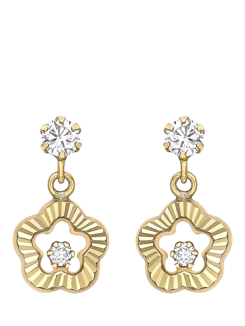 IBB 9ct yellow gold cubic zirconia flower drop earrings, UK version