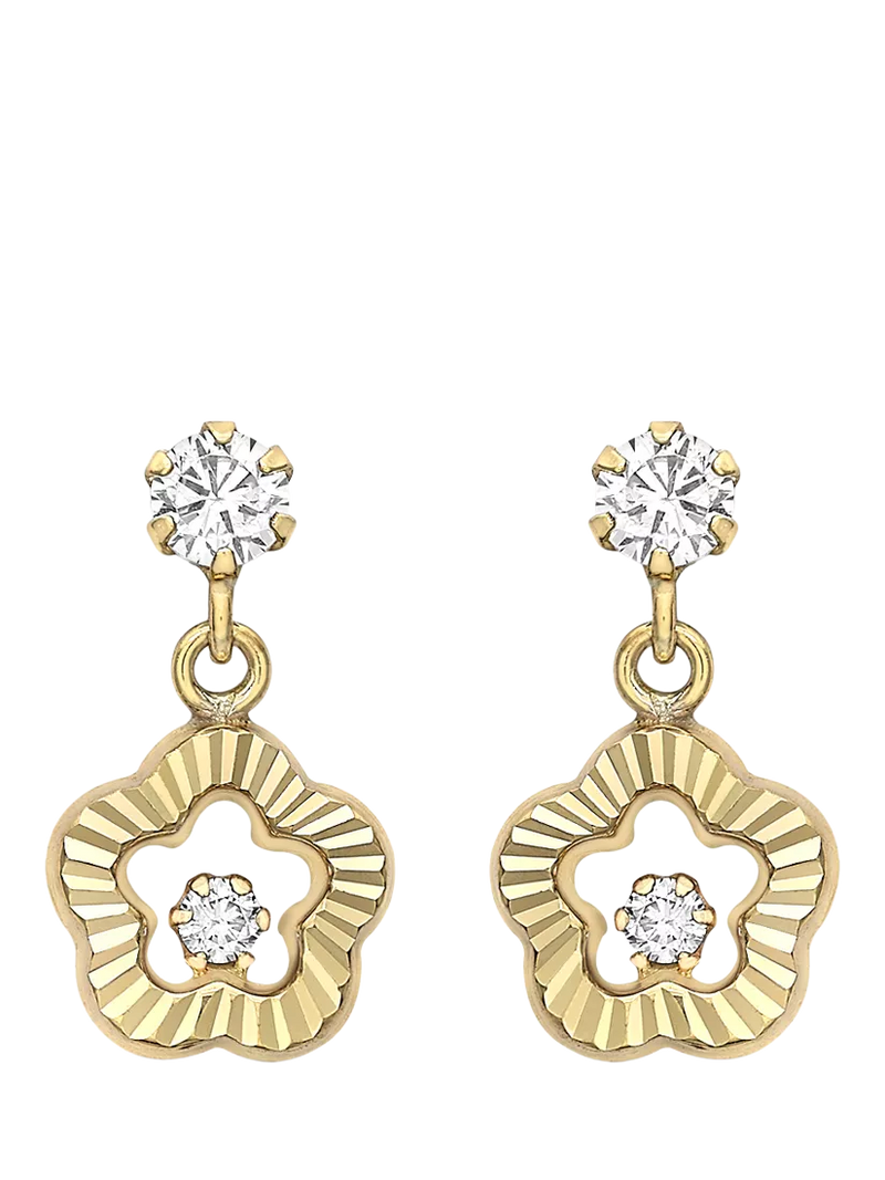 IBB 9ct yellow gold cubic zirconia flower drop earrings, UK version