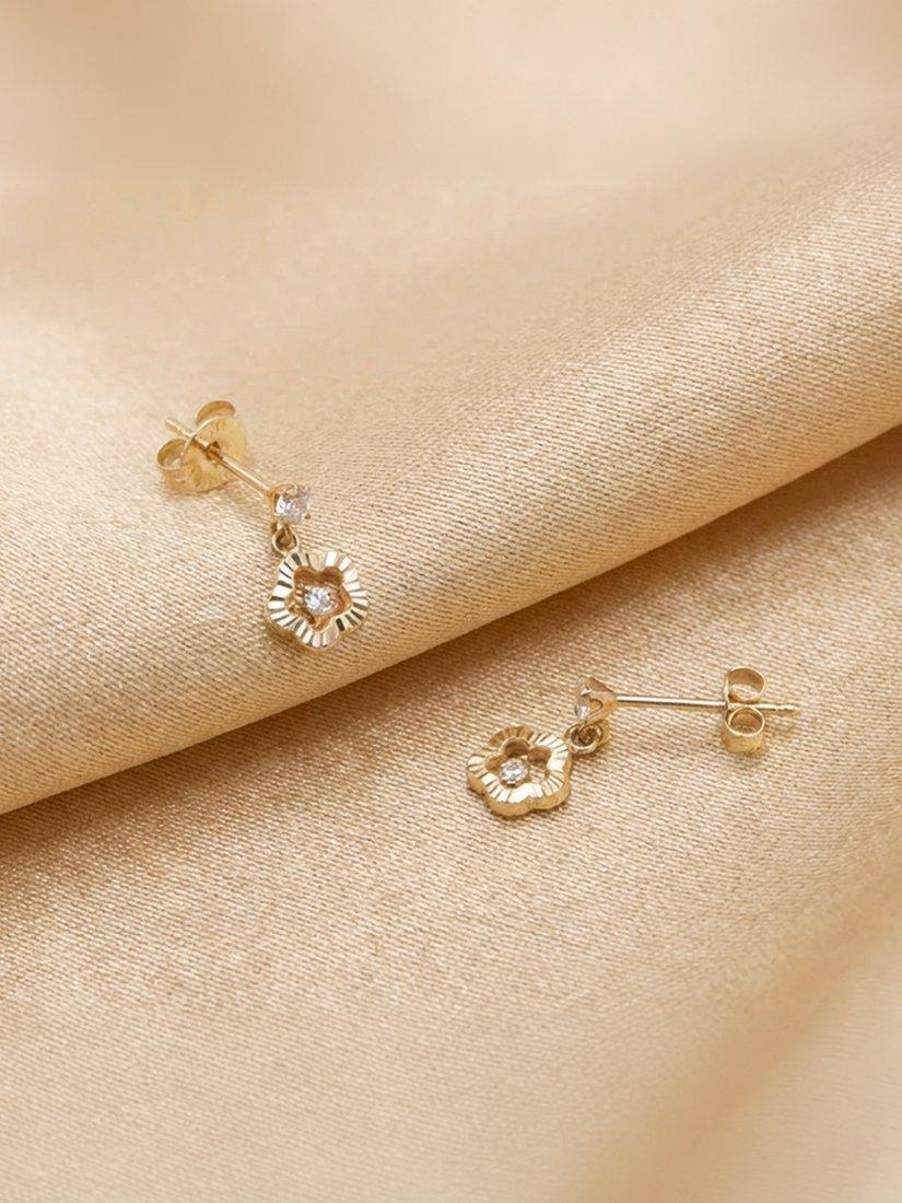 IBB 9ct yellow gold cubic zirconia flower drop earrings, UK version
