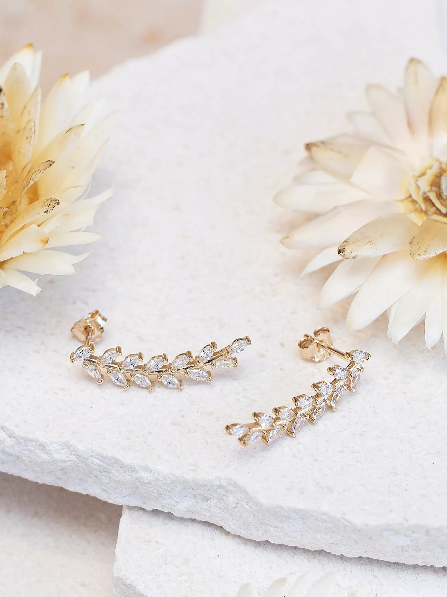 IBB 9ct yellow gold crystal leaf drop earrings - British product