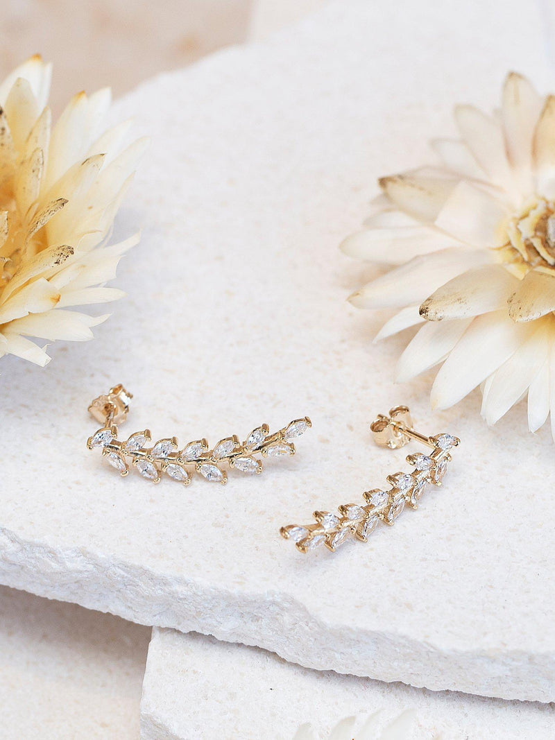 IBB 9ct yellow gold crystal leaf drop earrings - British product