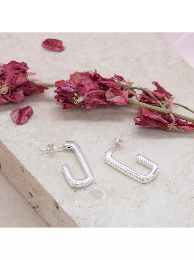 IBB sterling silver rectangular half hoop earrings 25mm, imported from the UK