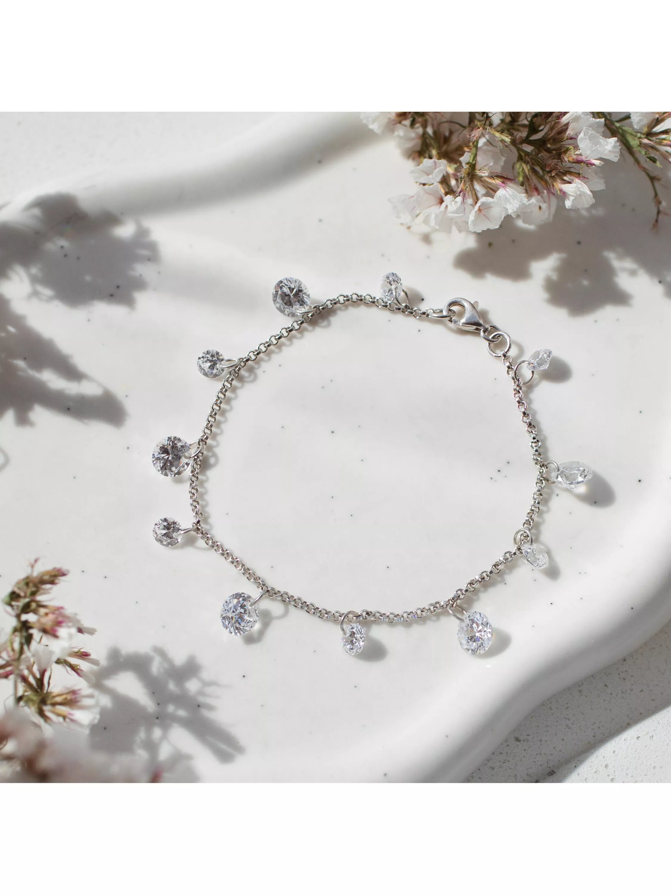 IBB sterling silver cubic zirconia drop charm bracelet, imported from the UK