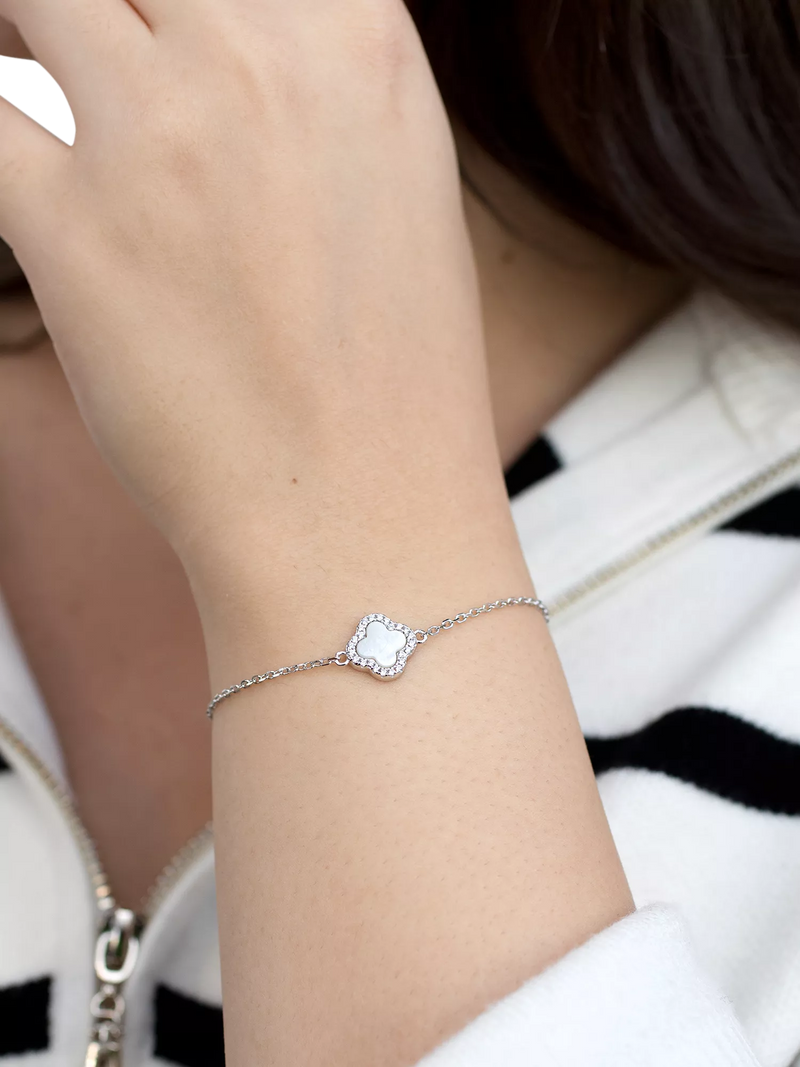 IBB Mother of Pearl Clover Bracelet rhodium plated sterling silver - British product