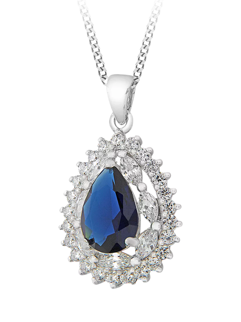 IBB blue and white cubic zirconia teardrop pendant necklace, imported from the UK