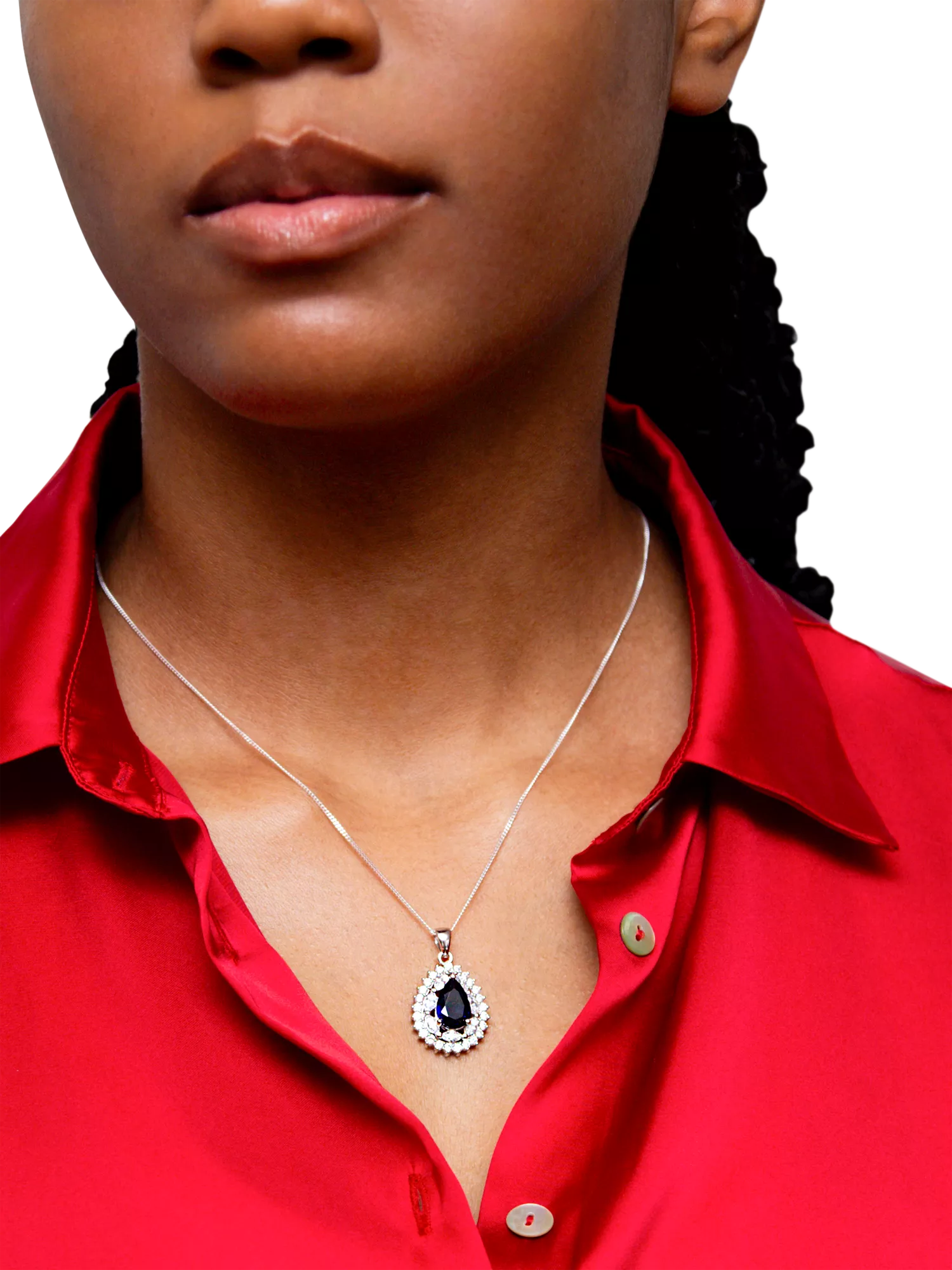 IBB blue and white cubic zirconia teardrop pendant necklace, imported from the UK