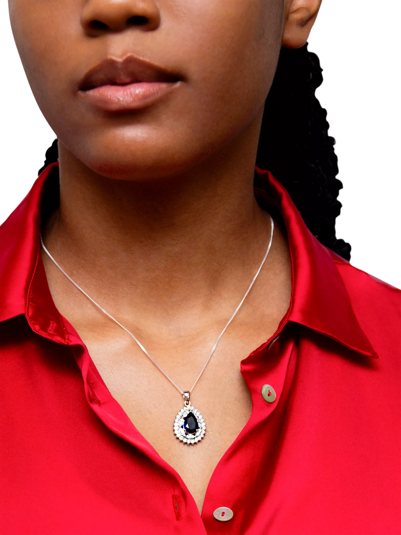 IBB blue and white cubic zirconia teardrop pendant necklace, imported from the UK