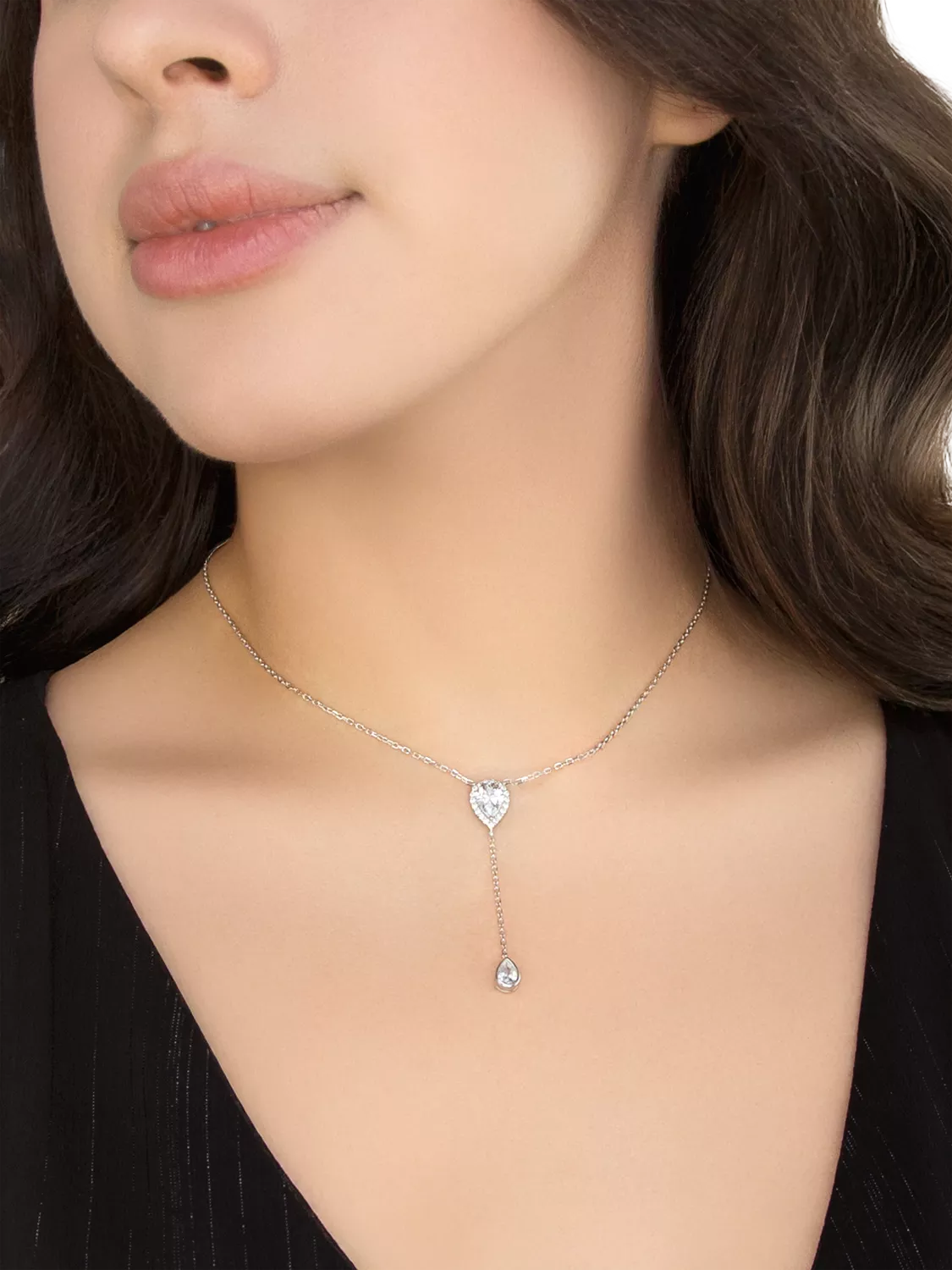 IBB cubic zirconia teardrop lariat necklace, silver, UK version