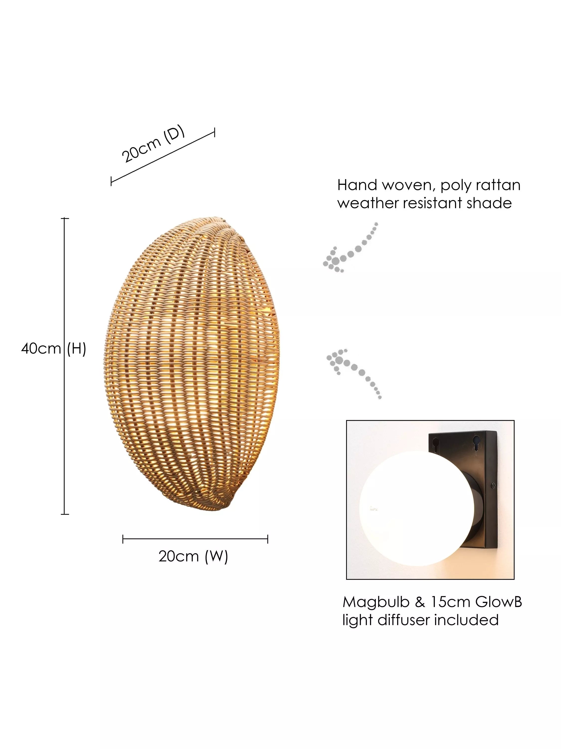 LG Outdoor Barca rattan garden wall lamp 40cm, imported from the UK
