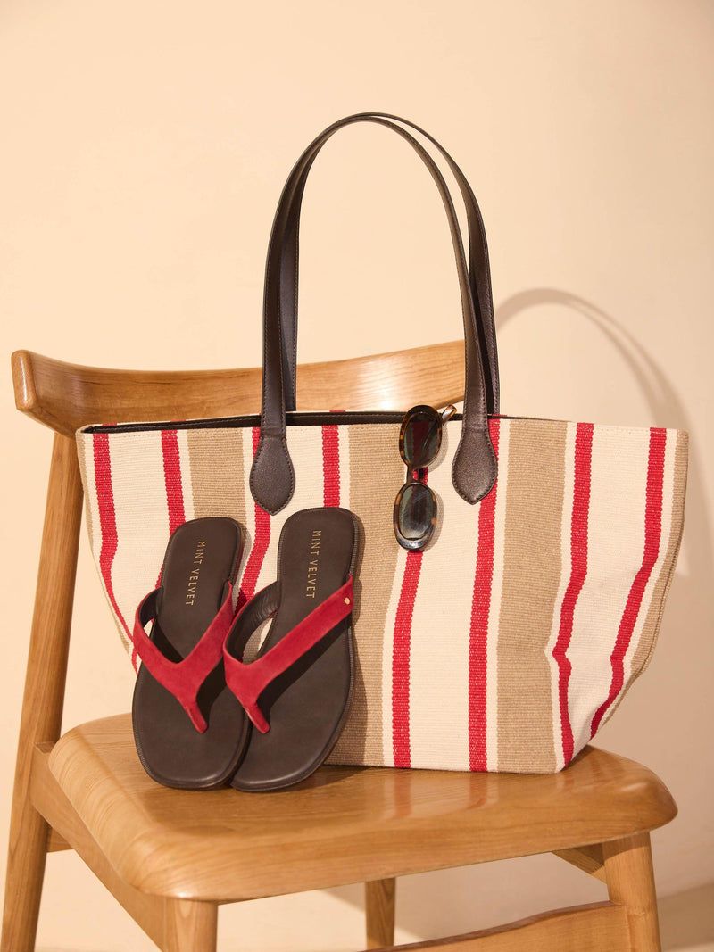 Mint Velvet striped canvas tote bag, red and multi, UK version