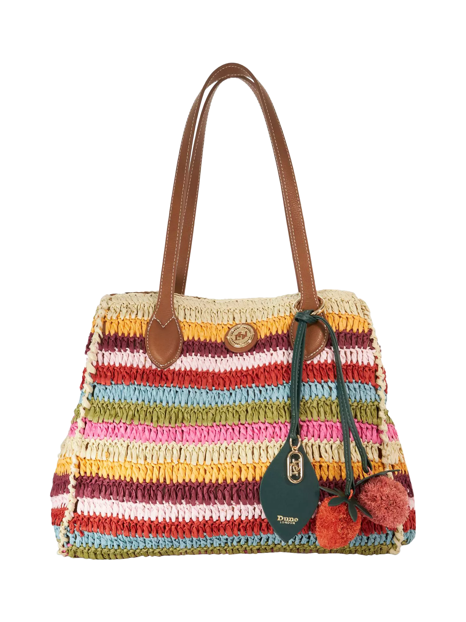 Dune London multi-stripe raffia tote bag with charms, UK version