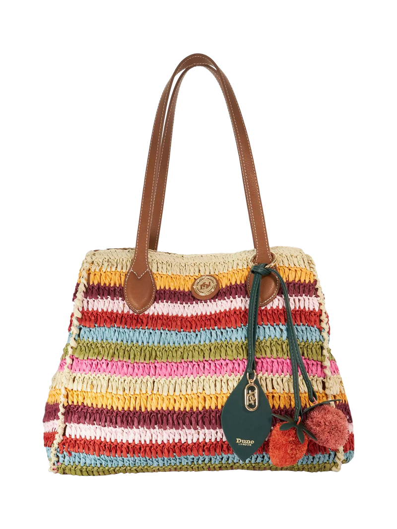 Dune London multi-stripe raffia tote bag with charms, UK version