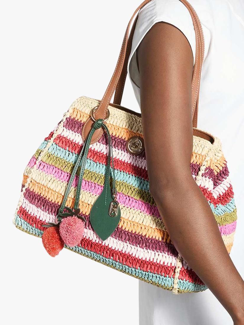 Dune London multi-stripe raffia tote bag with charms, UK version