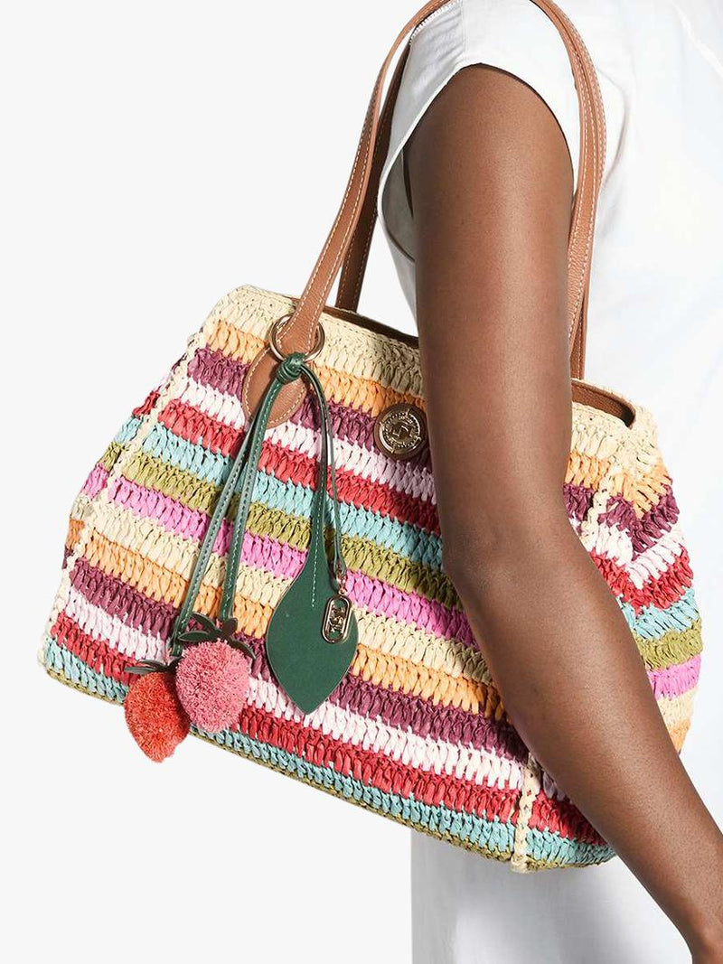 Dune London multi-stripe raffia tote bag with charms, UK version