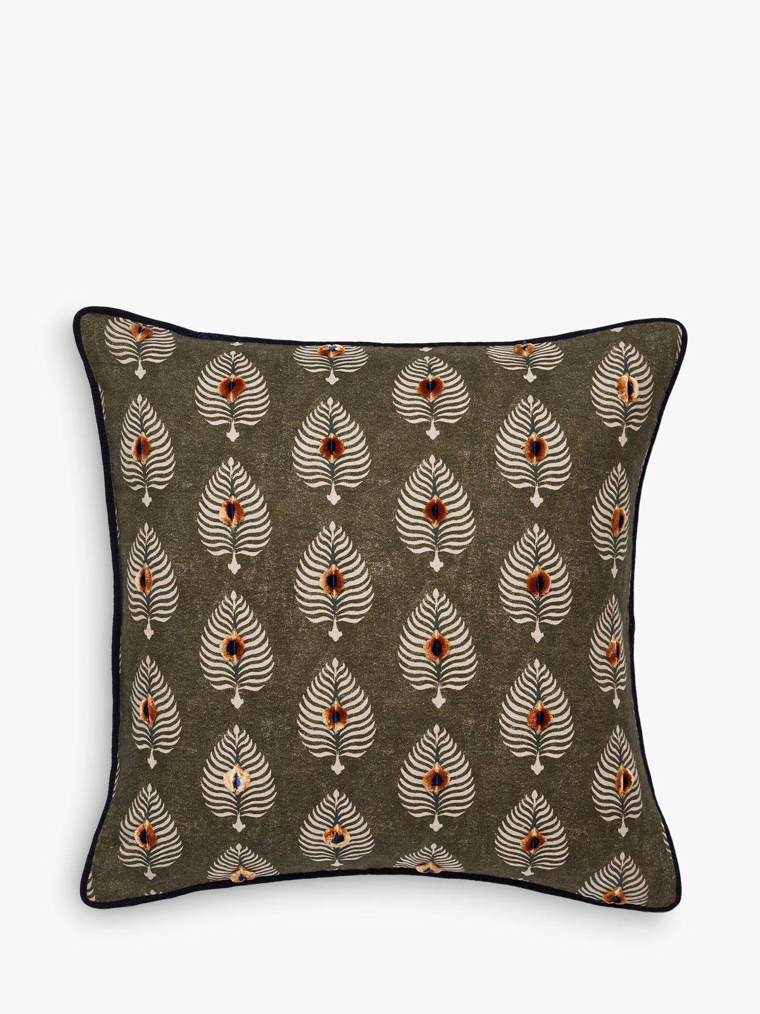 OKA Ocellus cushion 51x51cm, embroidered peacock feathers (British brand)