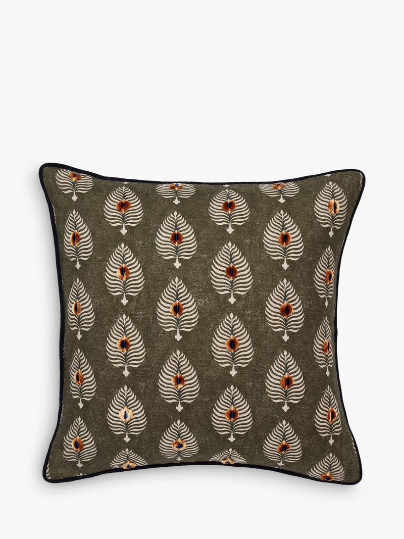 OKA Ocellus cushion 51x51cm, embroidered peacock feathers (British brand)