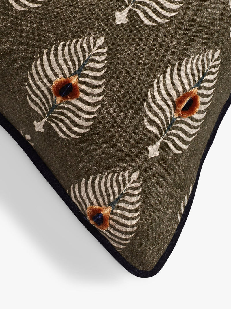 OKA Ocellus cushion 51x51cm, embroidered peacock feathers (British brand)