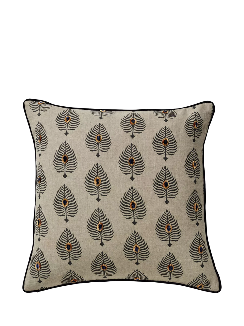 OKA Ocellus cushion 51x51cm, embroidered peacock feathers (British brand)