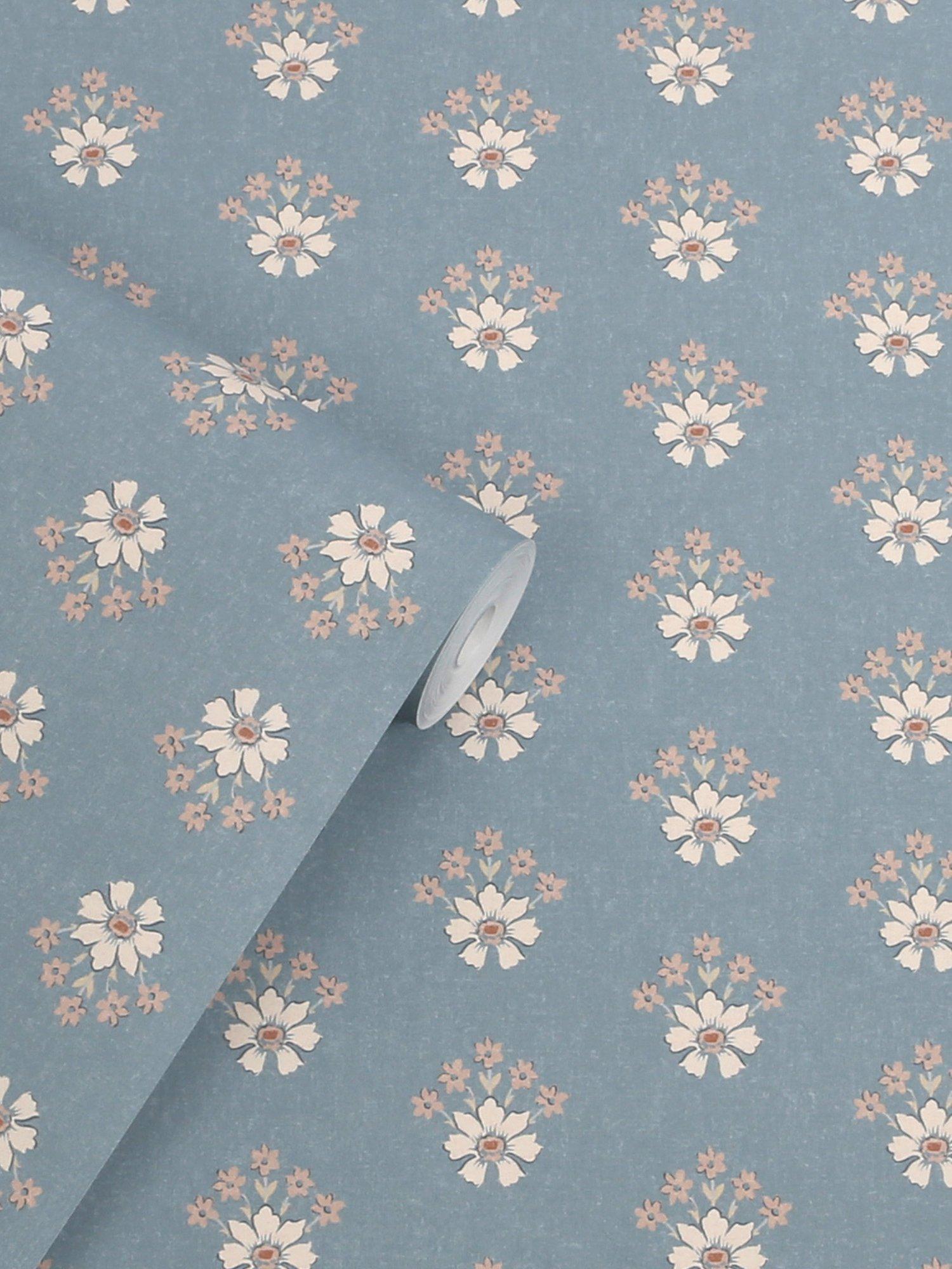Laura Ashley Semington Floral Wallpaper in Blue, 10m roll (British brand)