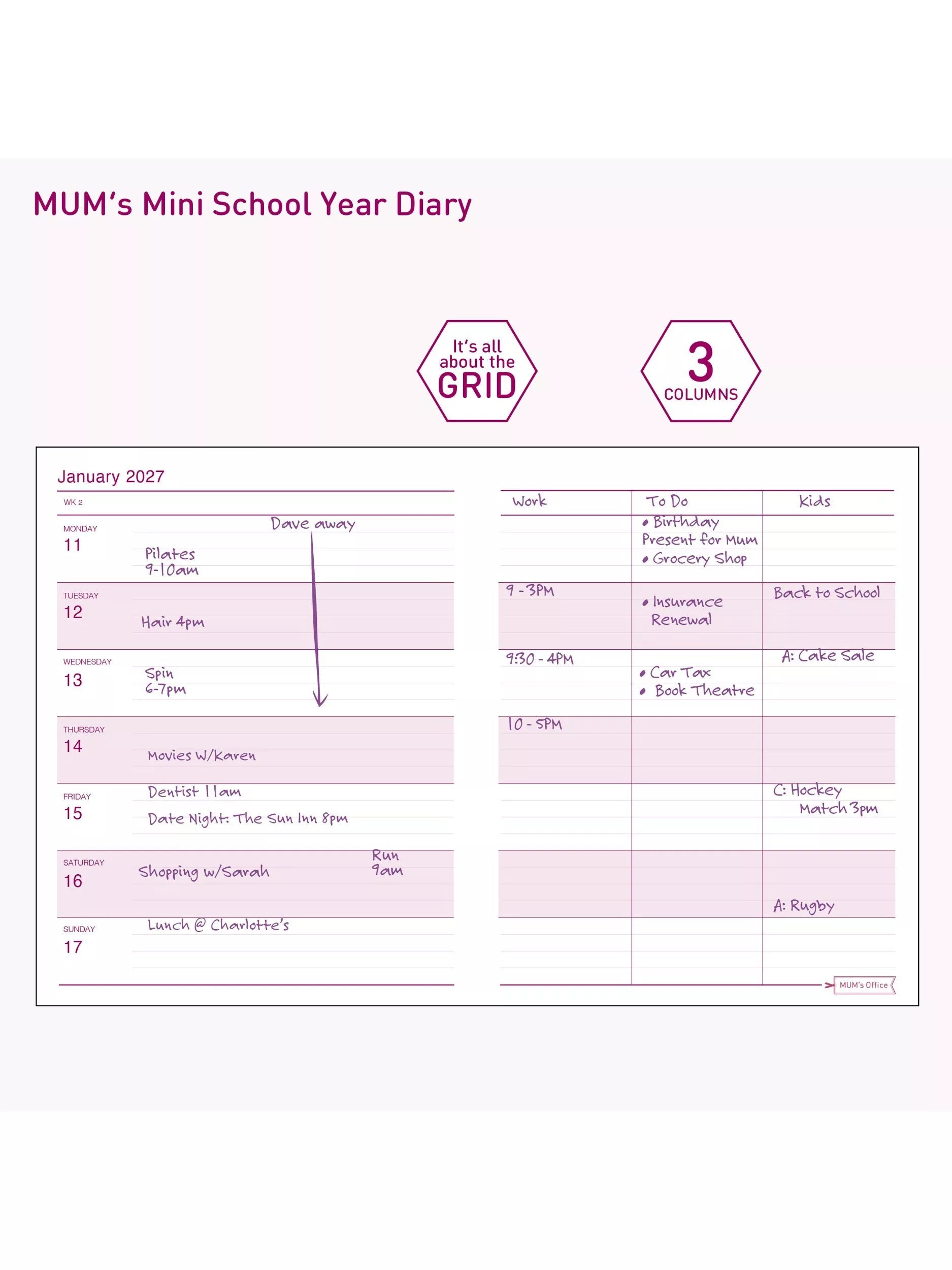 MUM's Office mini diary purple week to view 2026-27, imported from the UK