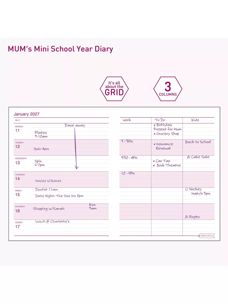 MUM's Office mini diary purple week to view 2026-27, imported from the UK