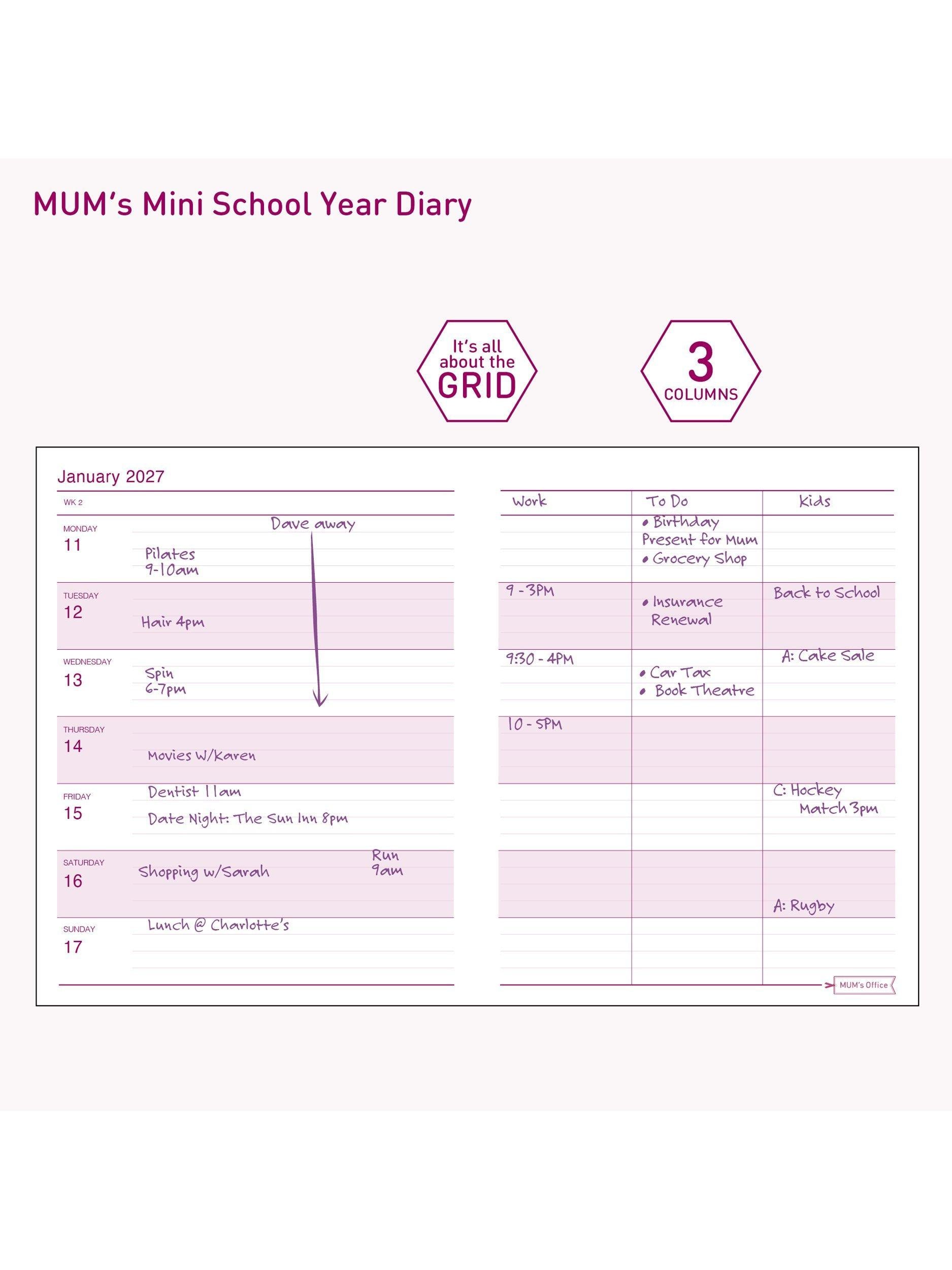 MUM's Office mini diary purple week to view 2026-27, imported from the UK