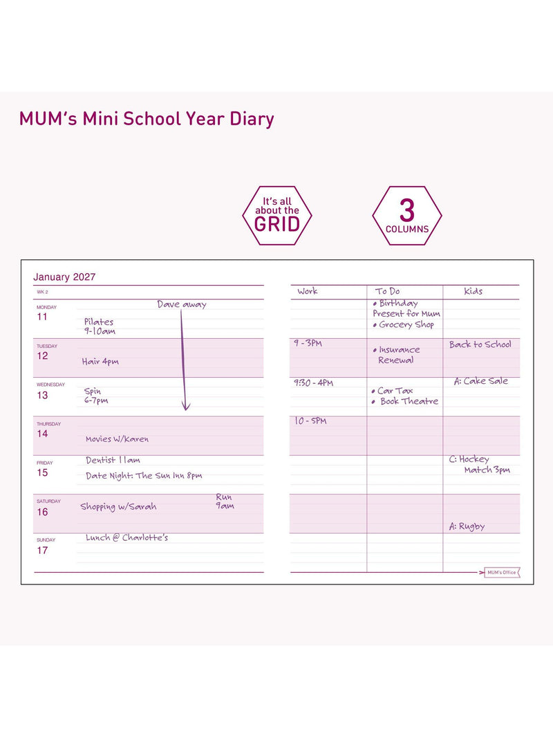 MUM's Office mini diary purple week to view 2026-27, imported from the UK