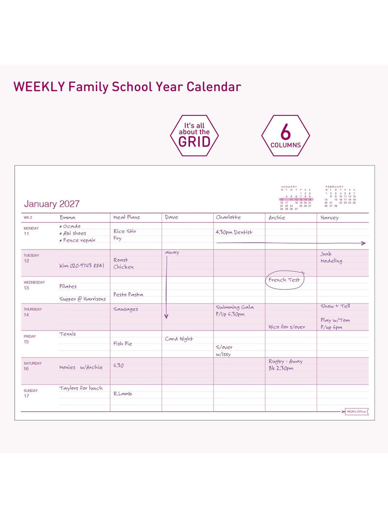 MUM's Office weekly family school year calendar A4 pink (British brand)