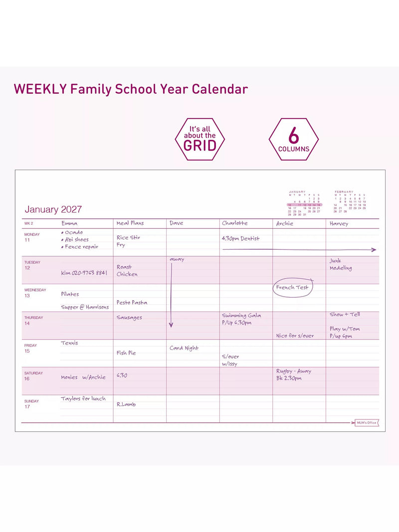 MUM's Office weekly family school year calendar A4 pink (British brand)