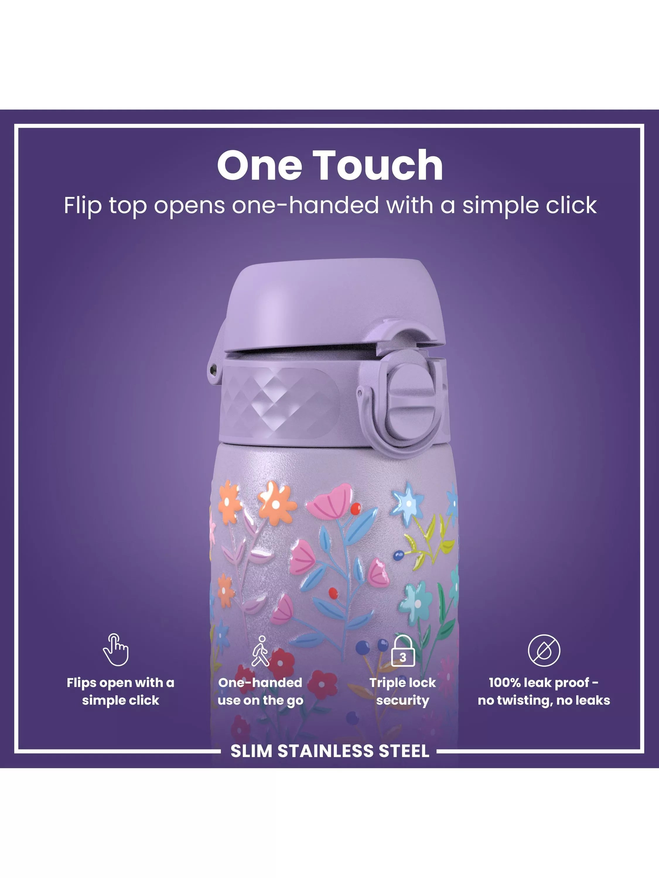 Ion8 drinks bottle purple floral 600ml - British product