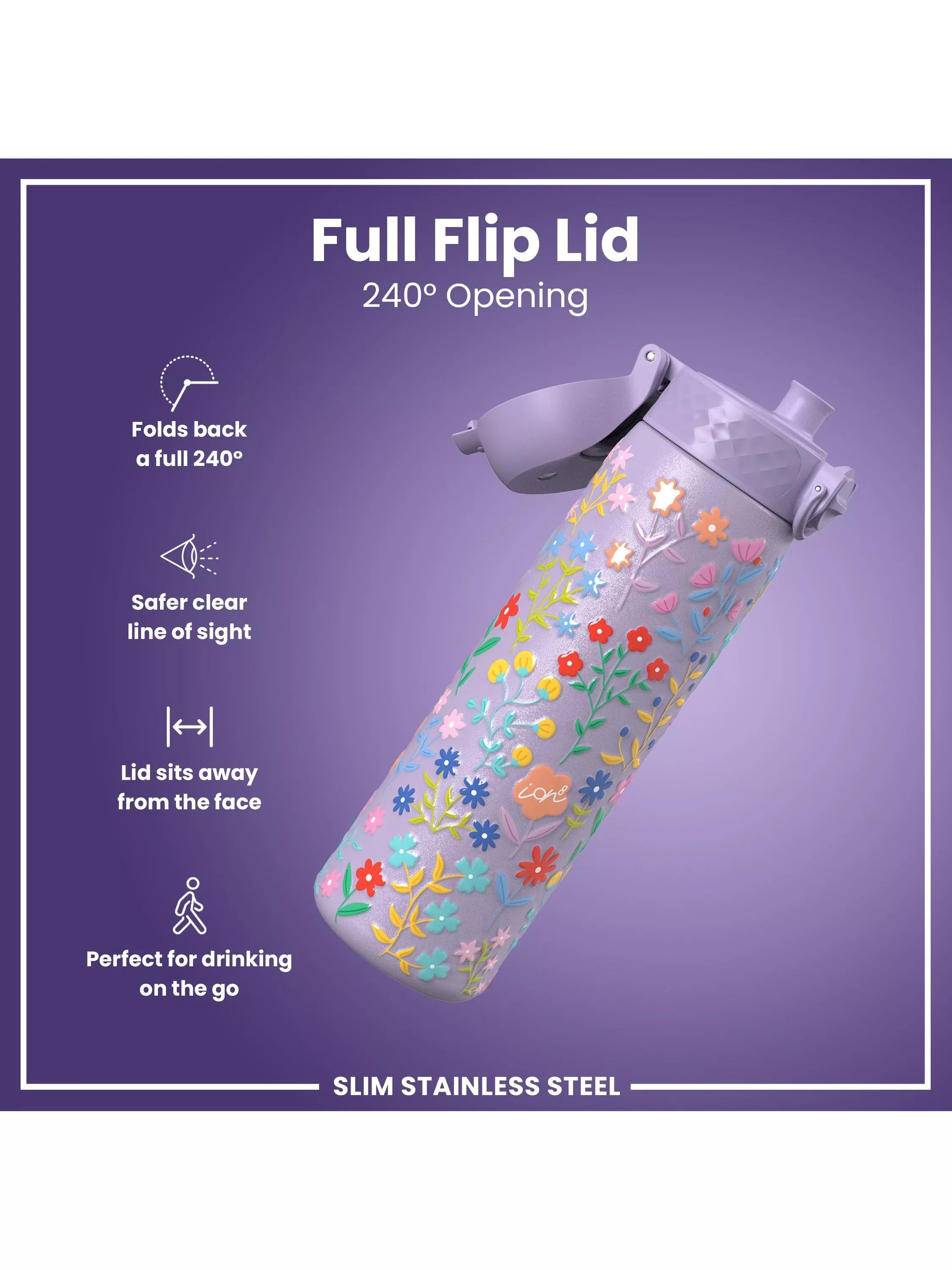 Ion8 drinks bottle purple floral 600ml - British product