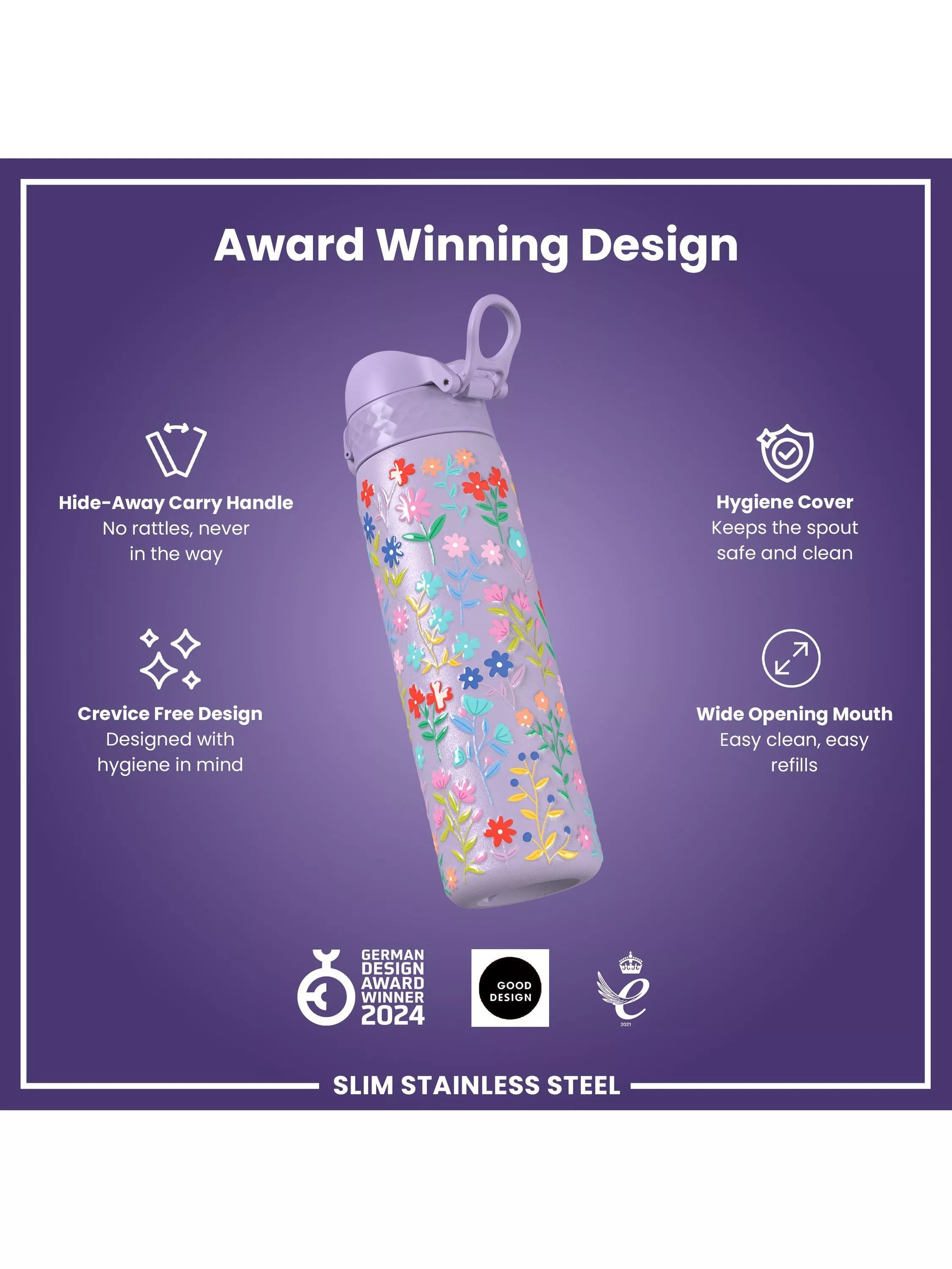 Ion8 drinks bottle purple floral 600ml - British product