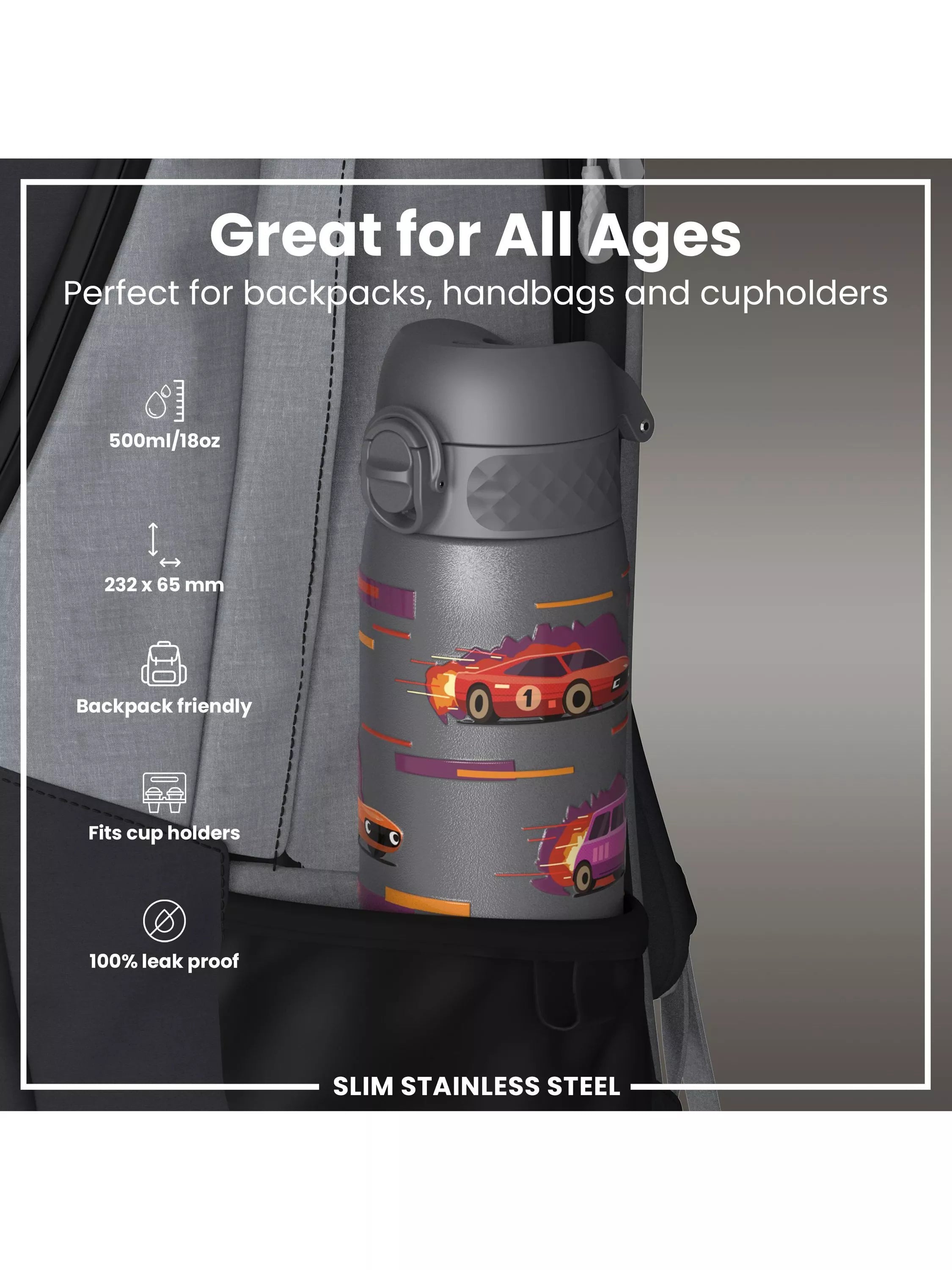 Ion8 stainless steel drinks bottle grey 600ml, imported from the UK