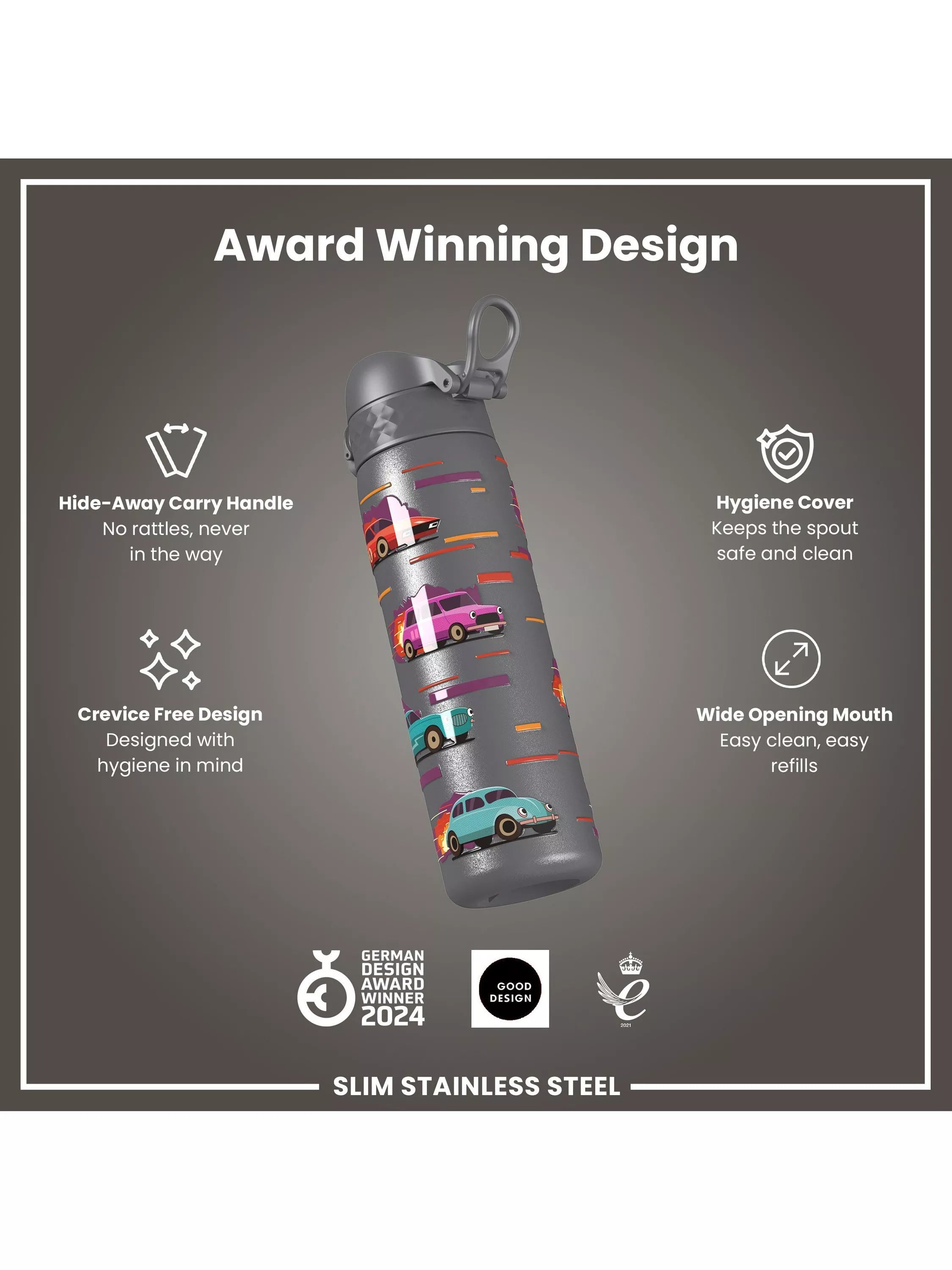 Ion8 stainless steel drinks bottle grey 600ml, imported from the UK
