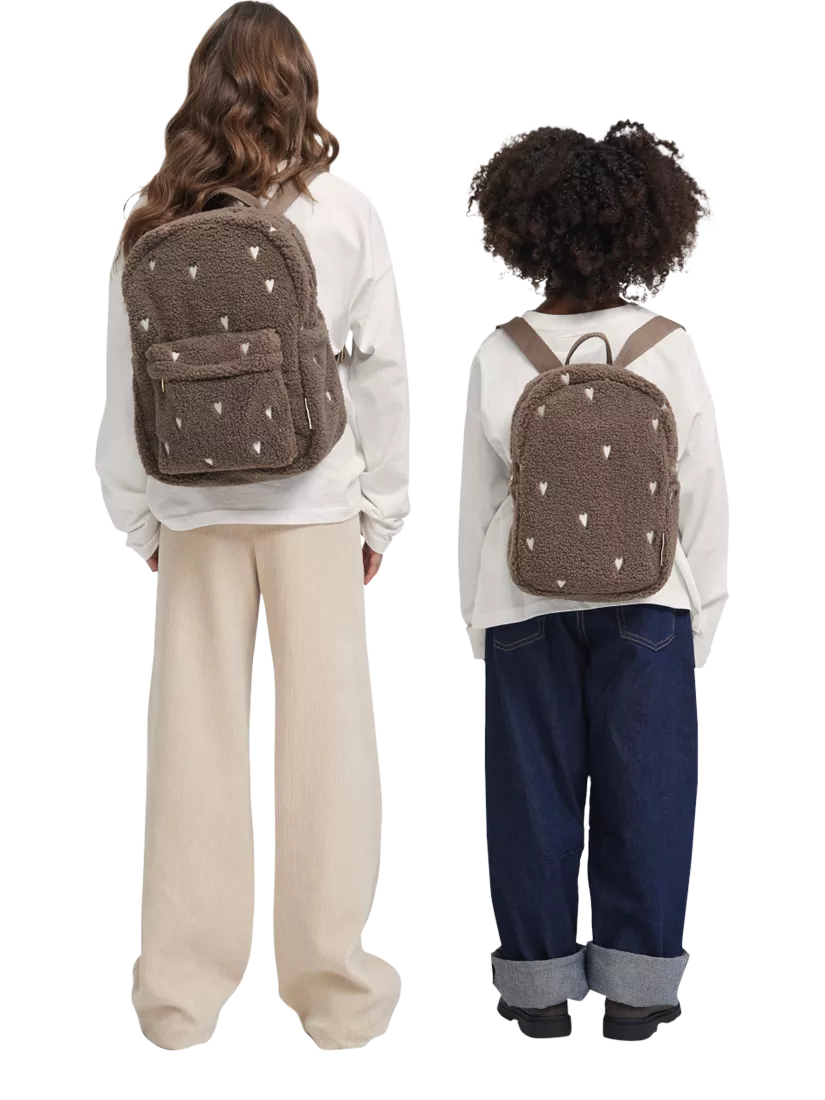 Studio Noos brown hearts boucle mini backpack, imported from the UK