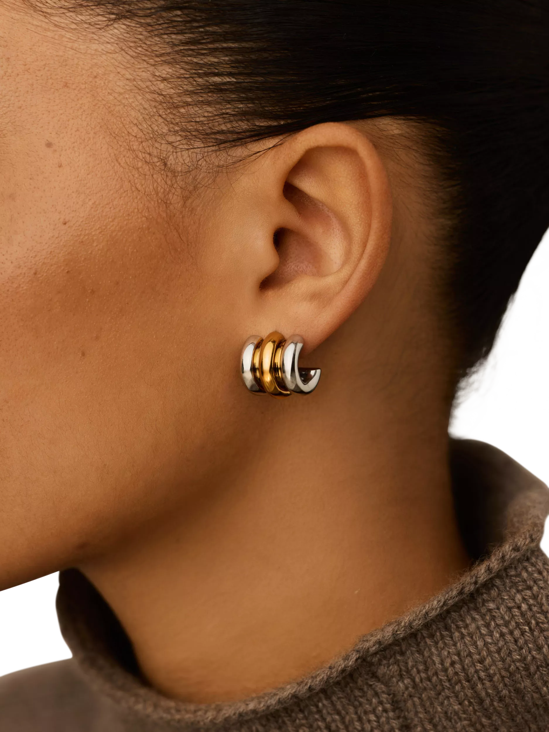 Missoma triple ridge stud earrings in silver and gold, imported from the UK