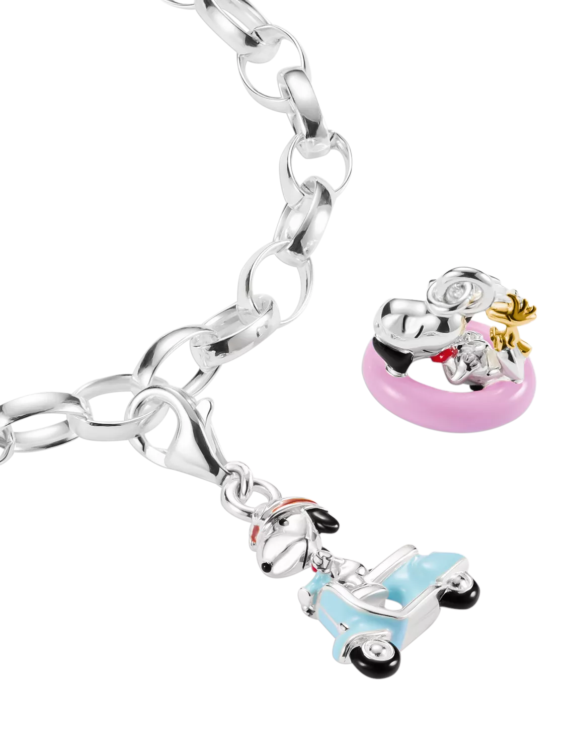 THOMAS SABO Snoopy Woodstock bath ring charm pendant in silver and pink enamel, imported from the UK