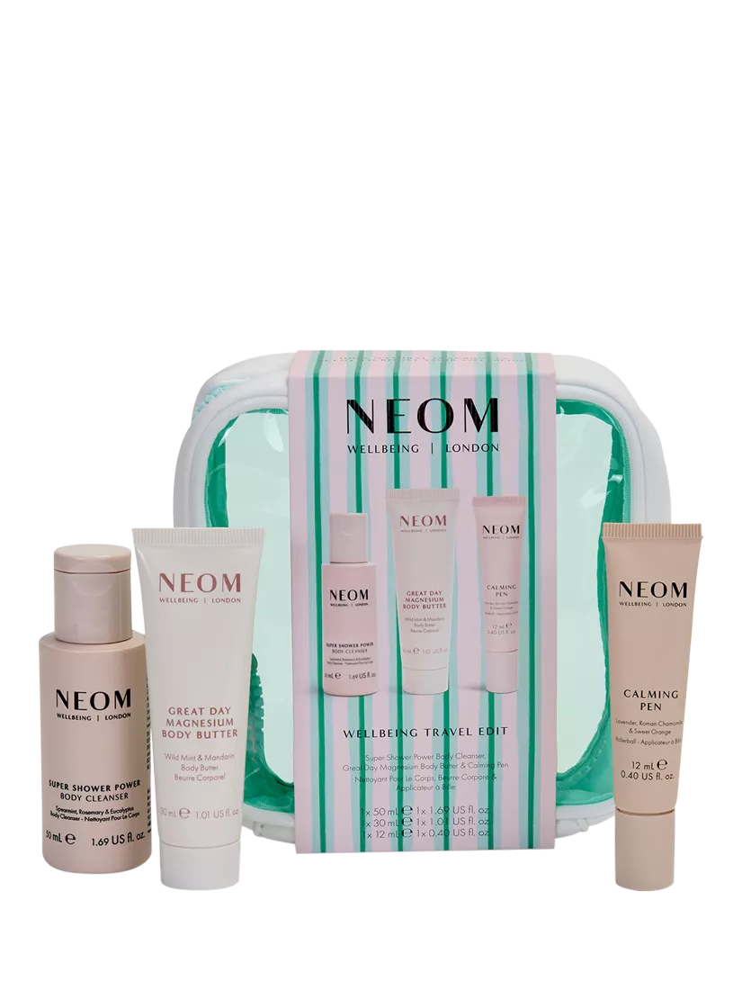 NEOM Wellbeing Travel Edit gift set with three bodycare products, UK version