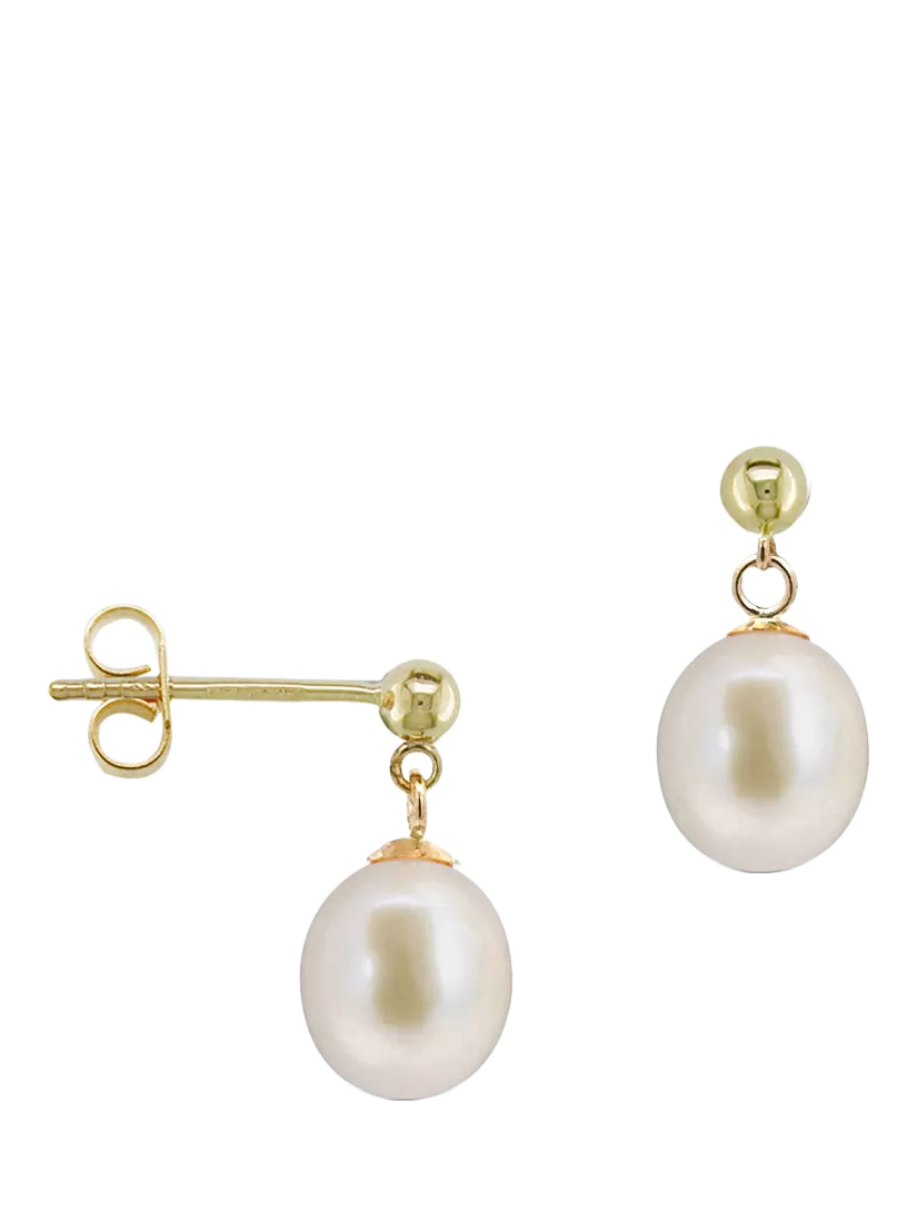 E.W Adams 9ct gold oval pearl drop earrings, imported from the UK