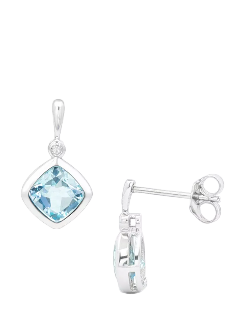 E.W Adams drop earrings blue topaz and diamond 9ct white gold, imported from the UK