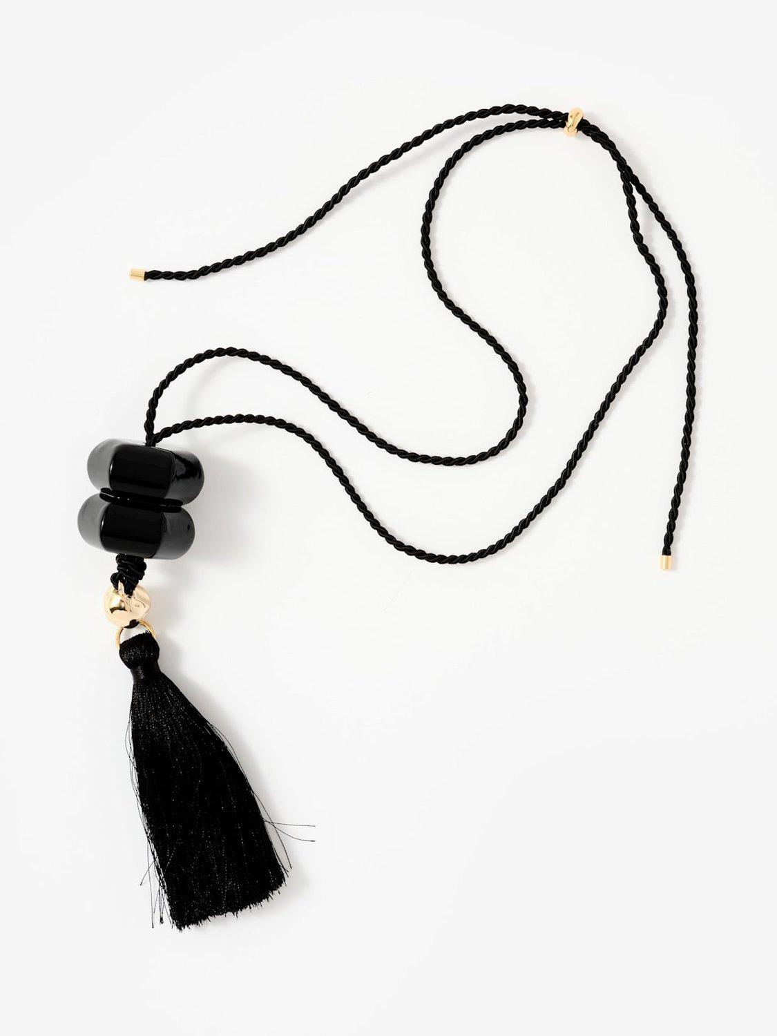 Mint Velvet tassel pendant necklace black gold 62cm, imported from the UK