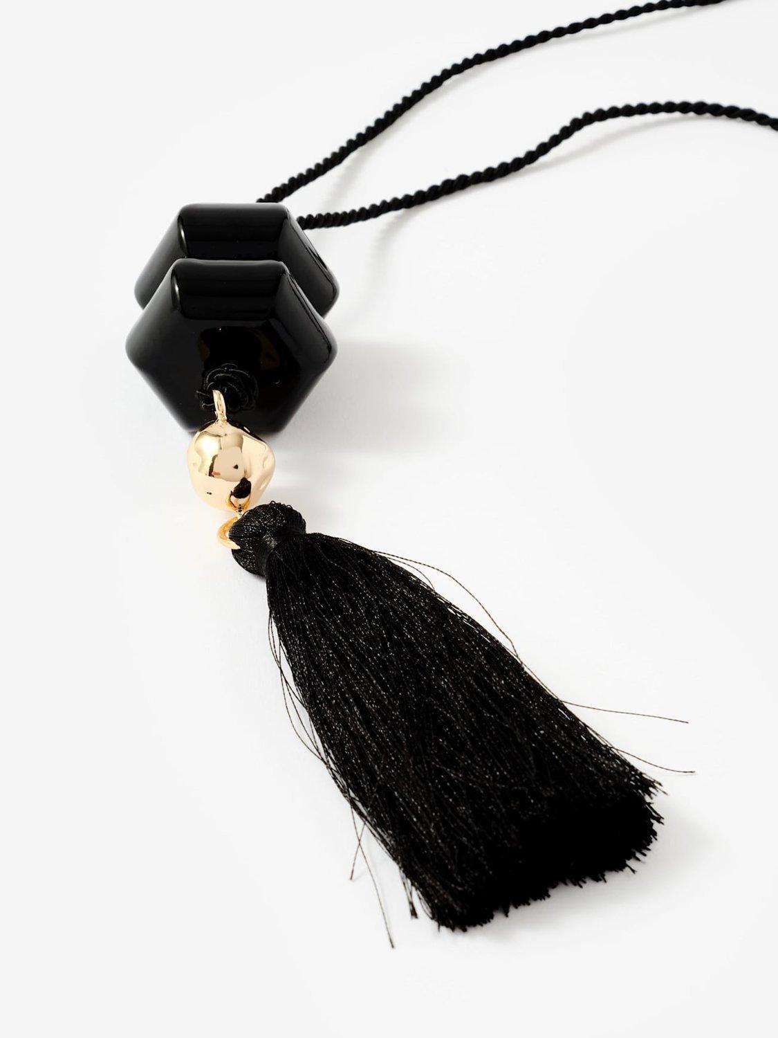 Mint Velvet tassel pendant necklace black gold 62cm, imported from the UK