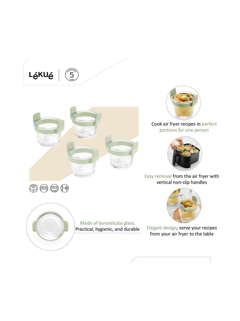 Lékué air fryer glass mini cups set of 4 clear/green (British brand)