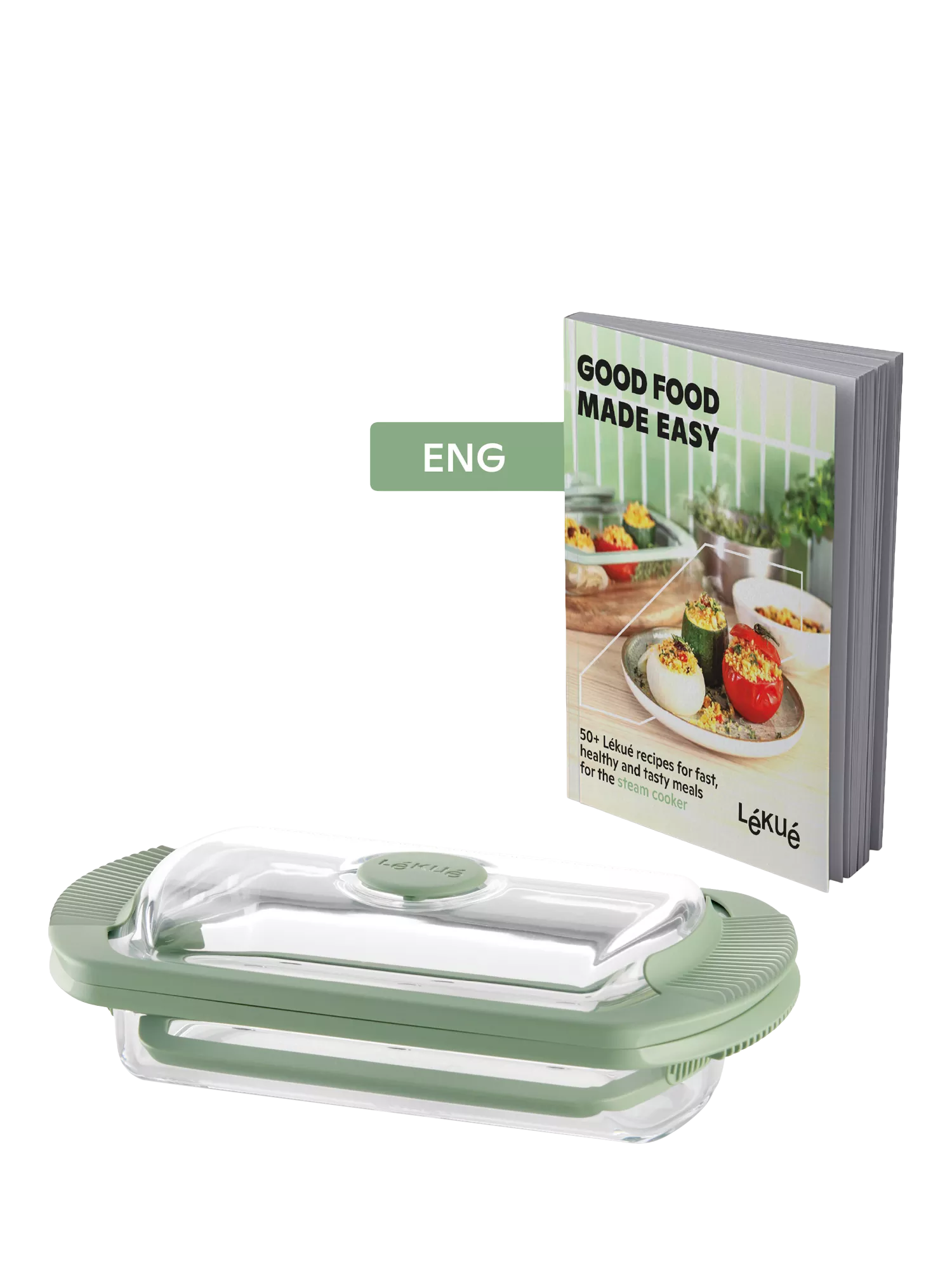 Lékué glass steam cooker with tray and recipe book (British brand)