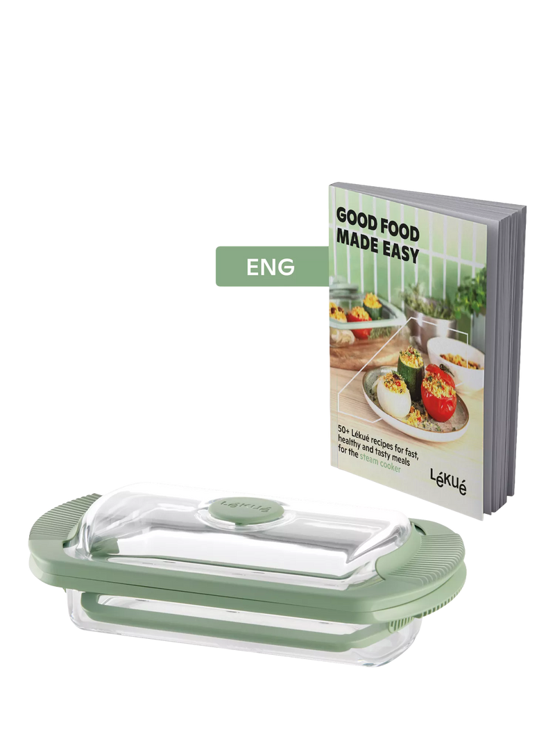 Lékué glass steam cooker with tray and recipe book (British brand)