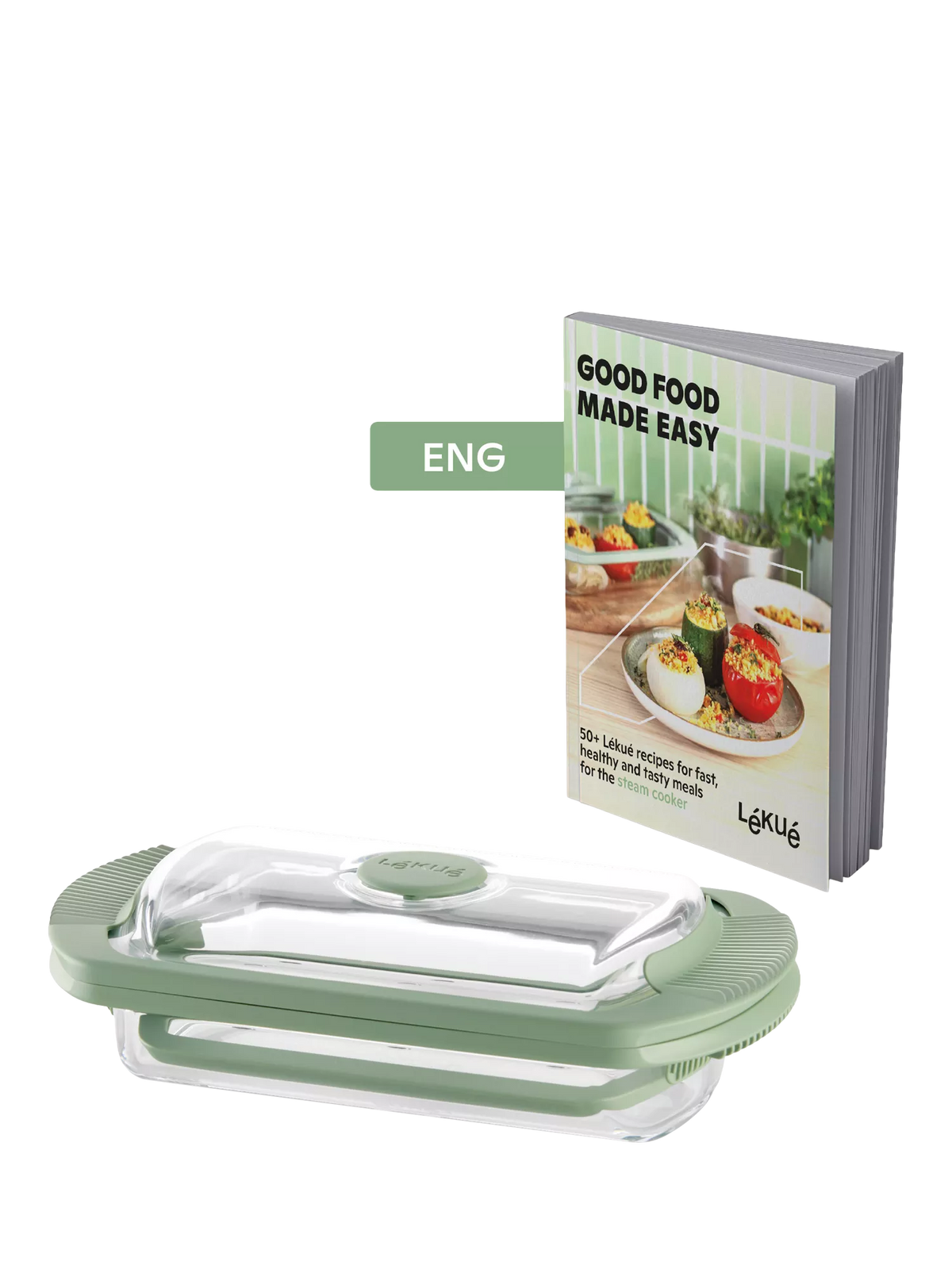 Lékué glass steam cooker with tray and recipe book (British brand)