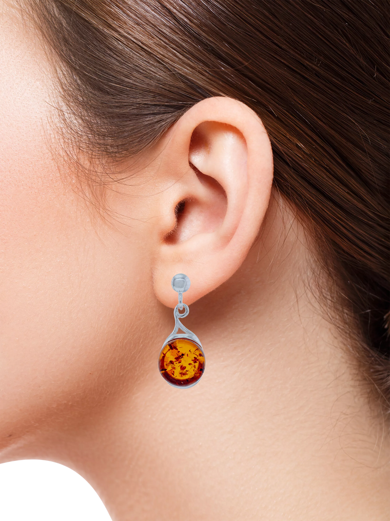 Be-Jewelled Baltic amber drop studs in sterling silver - British product
